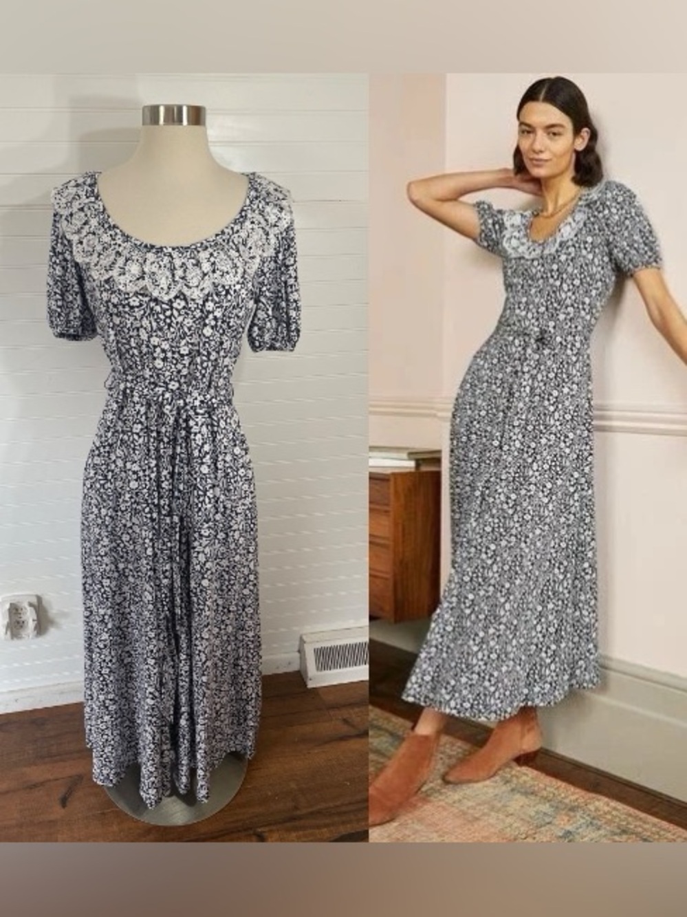 BODEN Broderie Collar Trim Jersey Dress Puff Sleeve Floral Size 8 P Cotton